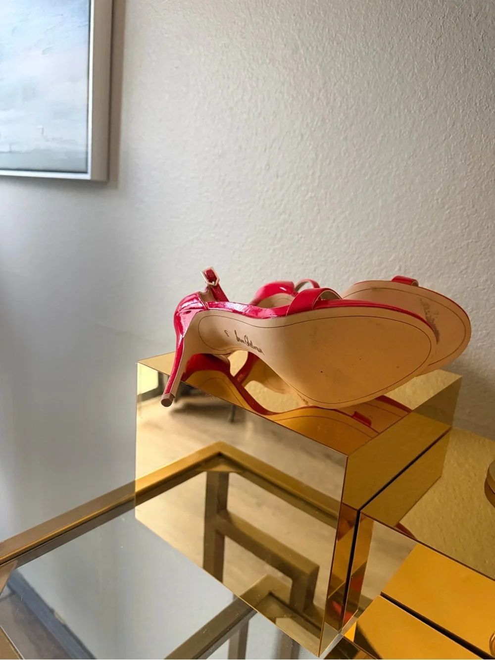 Sam Edelman Red Patent Ankle-Strap Heels with Gold Accents - Picture 12 of 13
